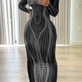 Long-Sleeved Crew Neck Fashion Print Slim Hip Bottom Dress