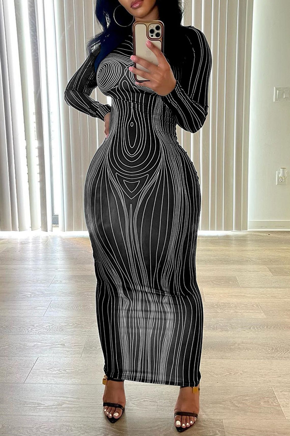 Long-Sleeved Crew Neck Fashion Print Slim Hip Bottom Dress