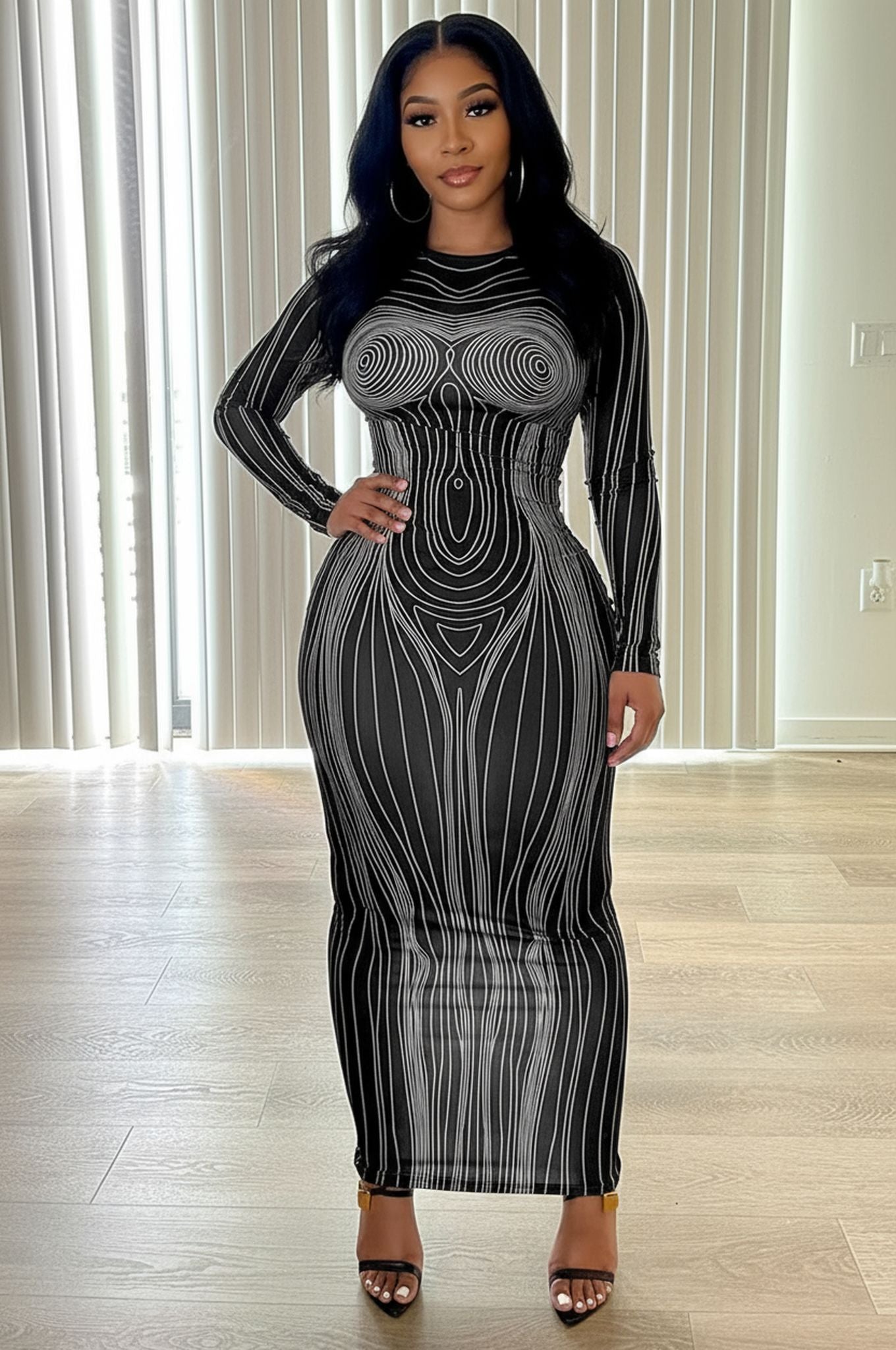 Long-Sleeved Crew Neck Fashion Print Slim Hip Bottom Dress