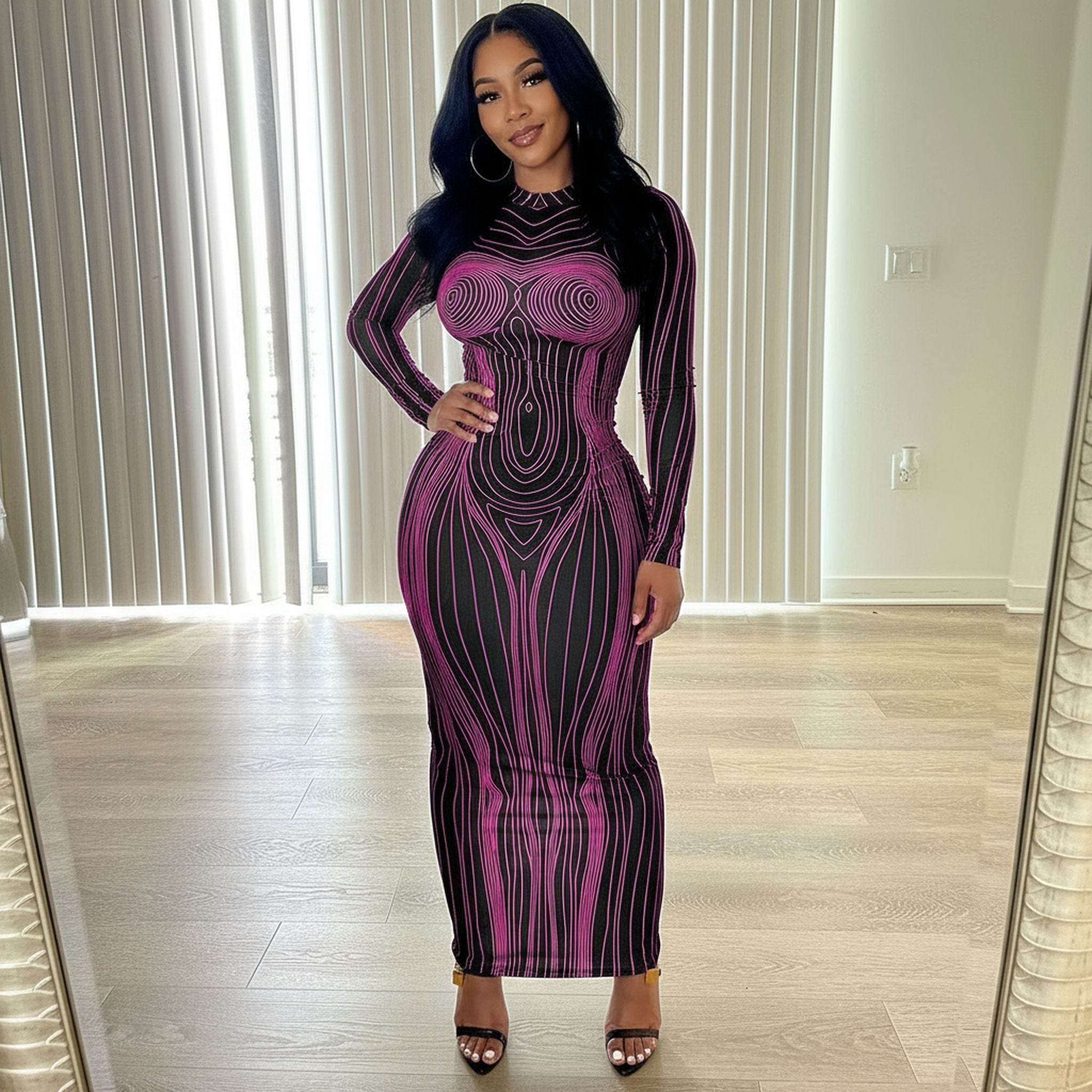 Long-Sleeved Crew Neck Fashion Print Slim Hip Bottom Dress