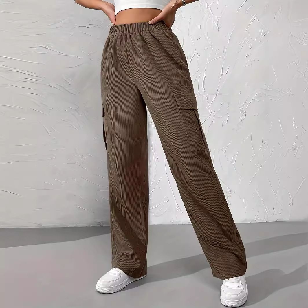 Loose Elastic Waist Cargo Pants Corduroy Wide-Leg Straight Casual Pants