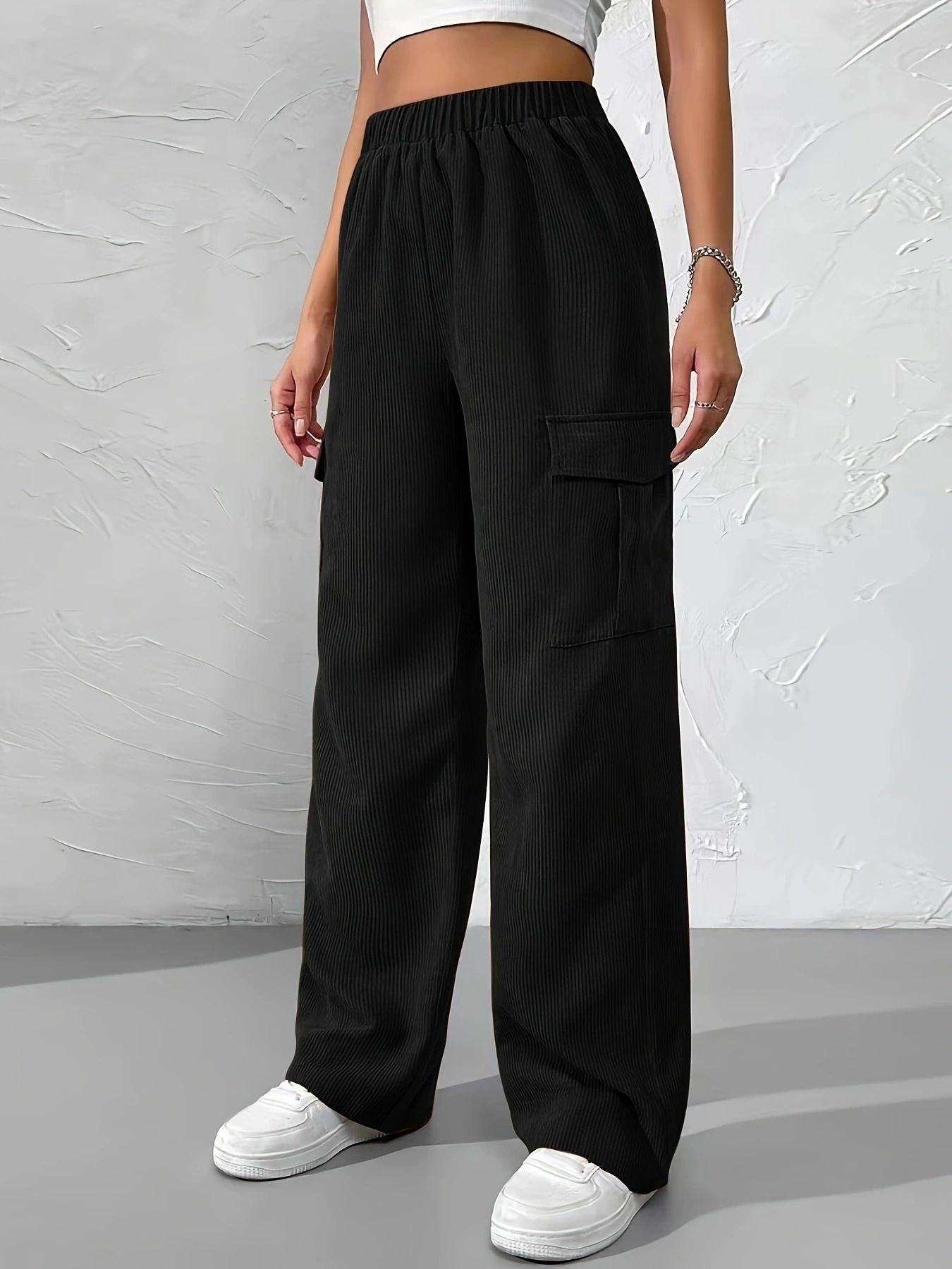 Loose Elastic Waist Cargo Pants Corduroy Wide-Leg Straight Casual Pants