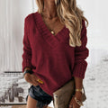Solid Color Sweater Women'S V-Neck Long Sleeve Pullover Knitted Top