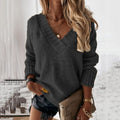 Solid Color Sweater Women'S V-Neck Long Sleeve Pullover Knitted Top
