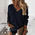 Solid Color Sweater Women'S V-Neck Long Sleeve Pullover Knitted Top