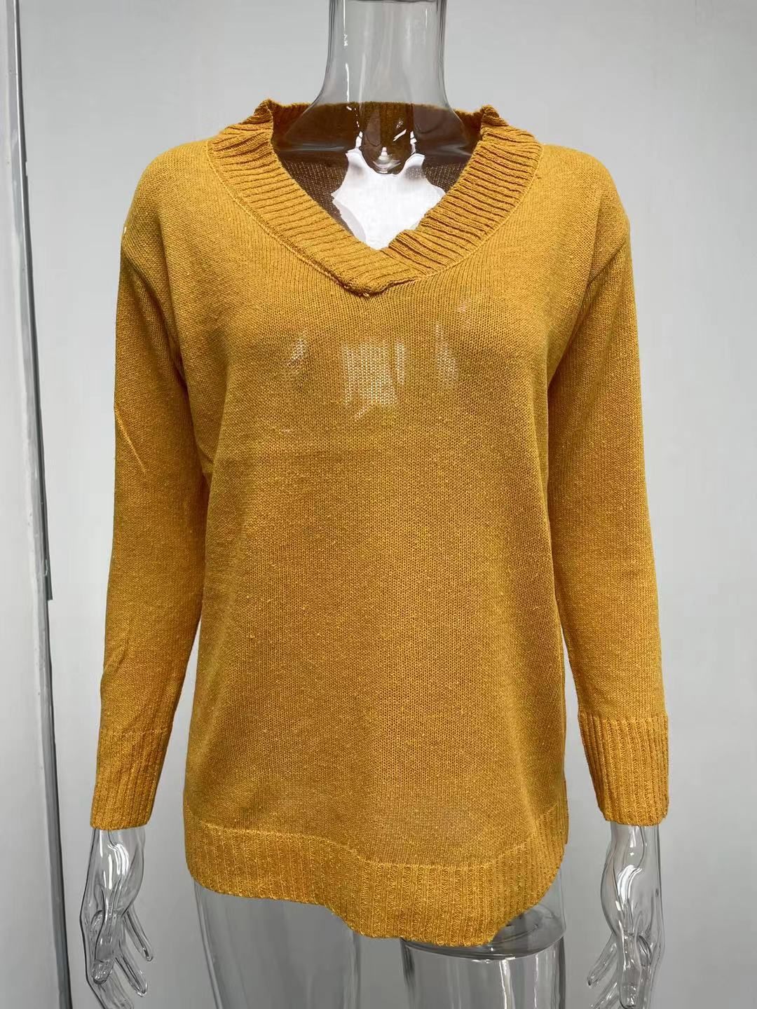 Solid Color Sweater Women'S V-Neck Long Sleeve Pullover Knitted Top