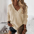 Solid Color Sweater Women'S V-Neck Long Sleeve Pullover Knitted Top
