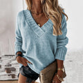 Solid Color Sweater Women'S V-Neck Long Sleeve Pullover Knitted Top