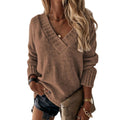 Solid Color Sweater Women'S V-Neck Long Sleeve Pullover Knitted Top