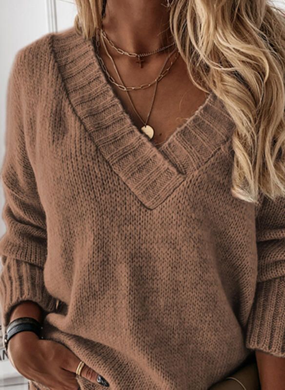 Solid Color Sweater Women'S V-Neck Long Sleeve Pullover Knitted Top