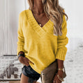 Solid Color Sweater Women'S V-Neck Long Sleeve Pullover Knitted Top