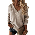 Solid Color Sweater Women'S V-Neck Long Sleeve Pullover Knitted Top