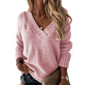 Solid Color Sweater Women'S V-Neck Long Sleeve Pullover Knitted Top