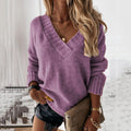 Solid Color Sweater Women'S V-Neck Long Sleeve Pullover Knitted Top