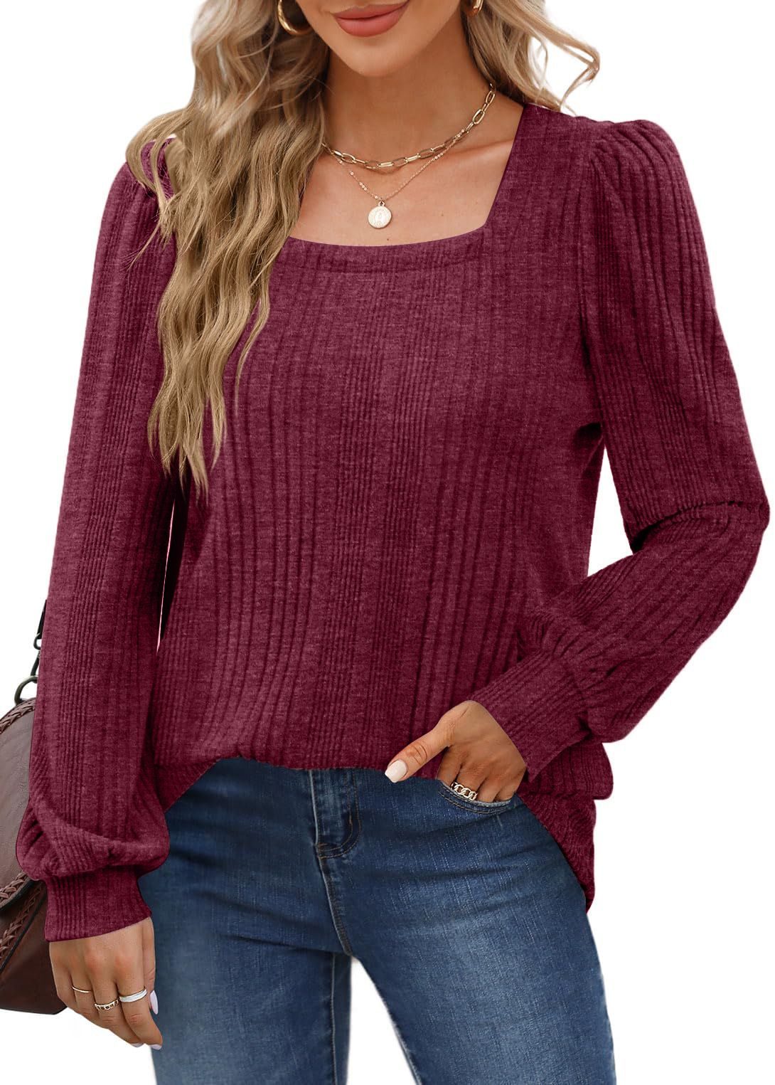 Winter New Women'S Pit Strip Square Neck Fashion Casual Long-Sleeved Top