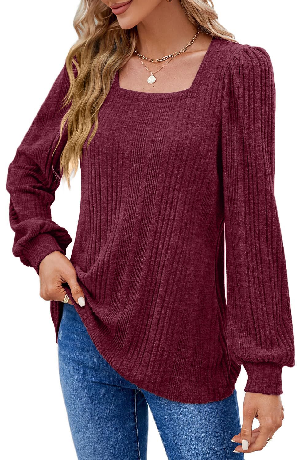 Winter New Women'S Pit Strip Square Neck Fashion Casual Long-Sleeved Top