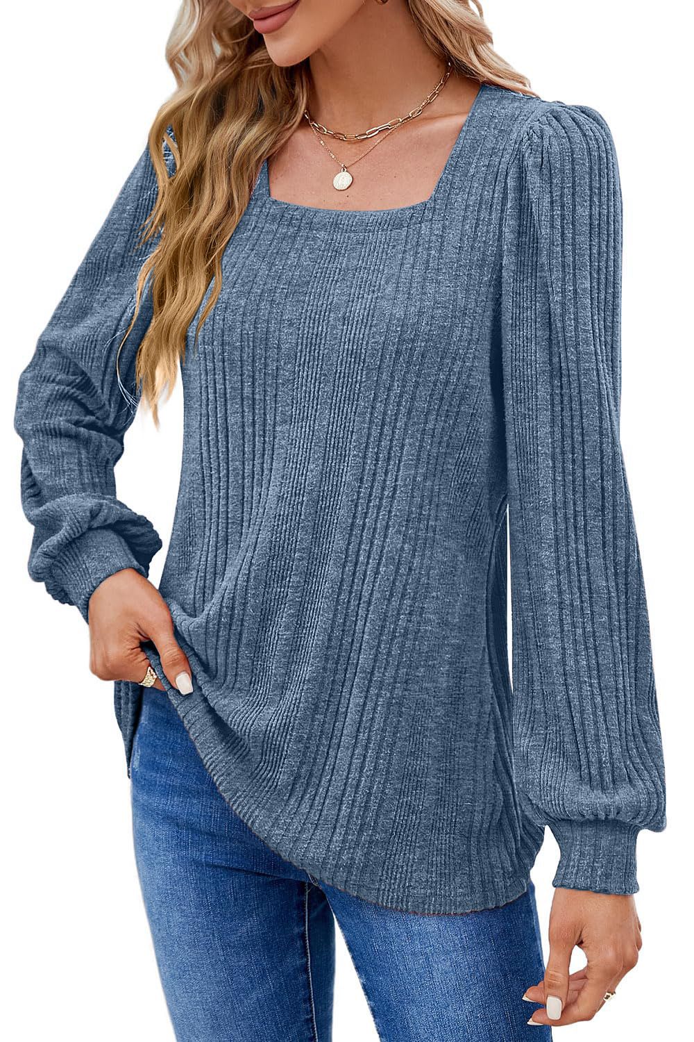 Winter New Women'S Pit Strip Square Neck Fashion Casual Long-Sleeved Top