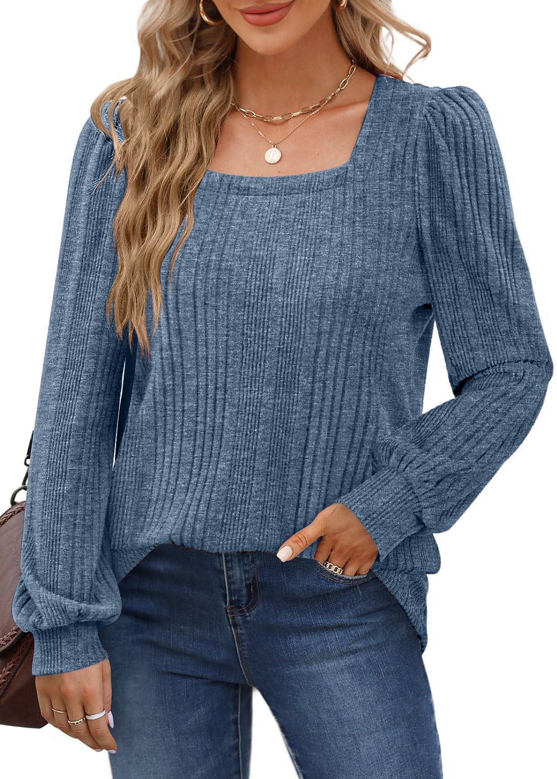 Winter New Women'S Pit Strip Square Neck Fashion Casual Long-Sleeved Top