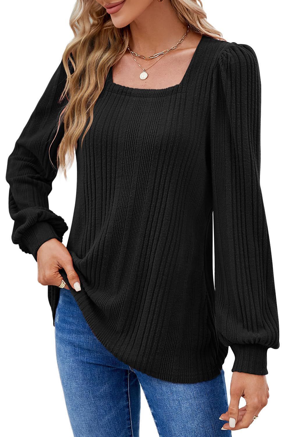 Winter New Women'S Pit Strip Square Neck Fashion Casual Long-Sleeved Top