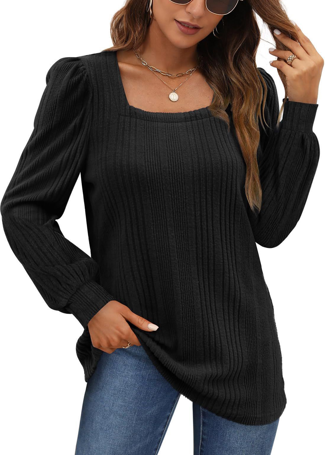 Winter New Women'S Pit Strip Square Neck Fashion Casual Long-Sleeved Top