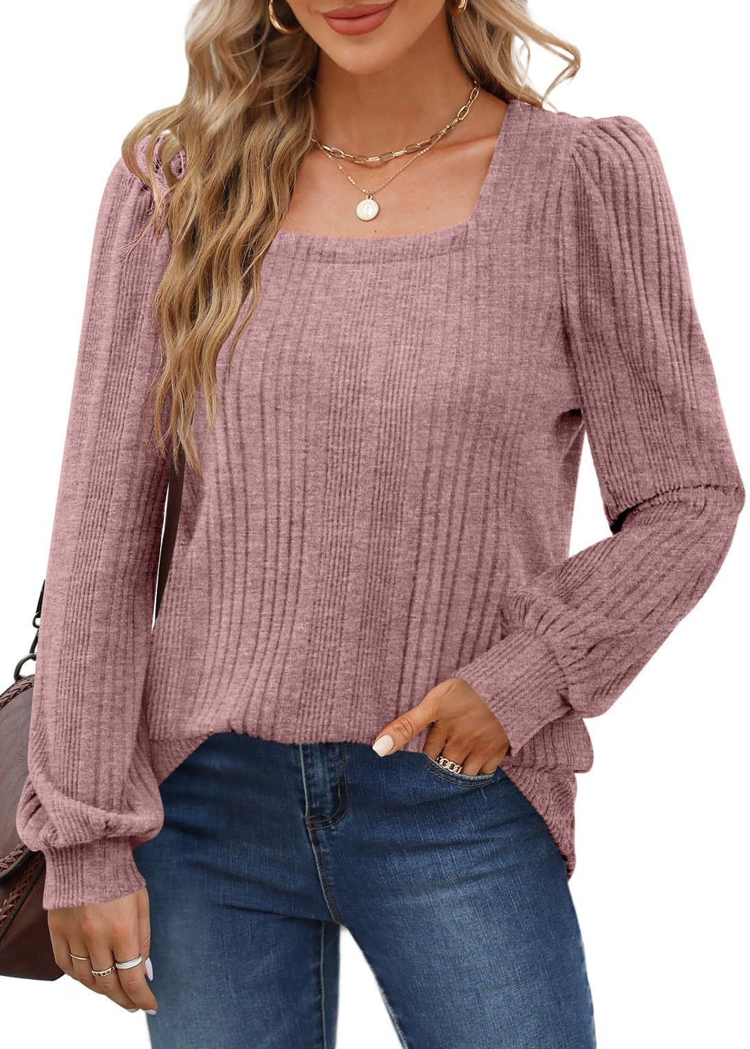 Winter New Women'S Pit Strip Square Neck Fashion Casual Long-Sleeved Top