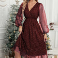 V-Neck Elegant Slim Solid Color Spliced Mesh See-Through Powder Dress