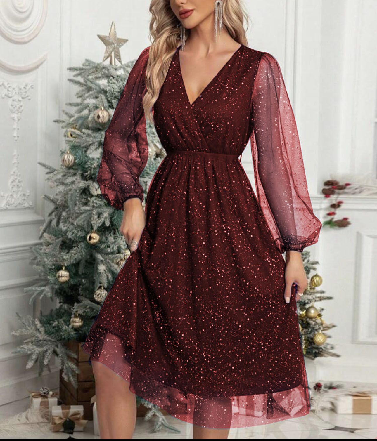 V-Neck Elegant Slim Solid Color Spliced Mesh See-Through Powder Dress