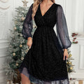 V-Neck Elegant Slim Solid Color Spliced Mesh See-Through Powder Dress