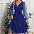 V-Neck Elegant Slim Solid Color Spliced Mesh See-Through Powder Dress