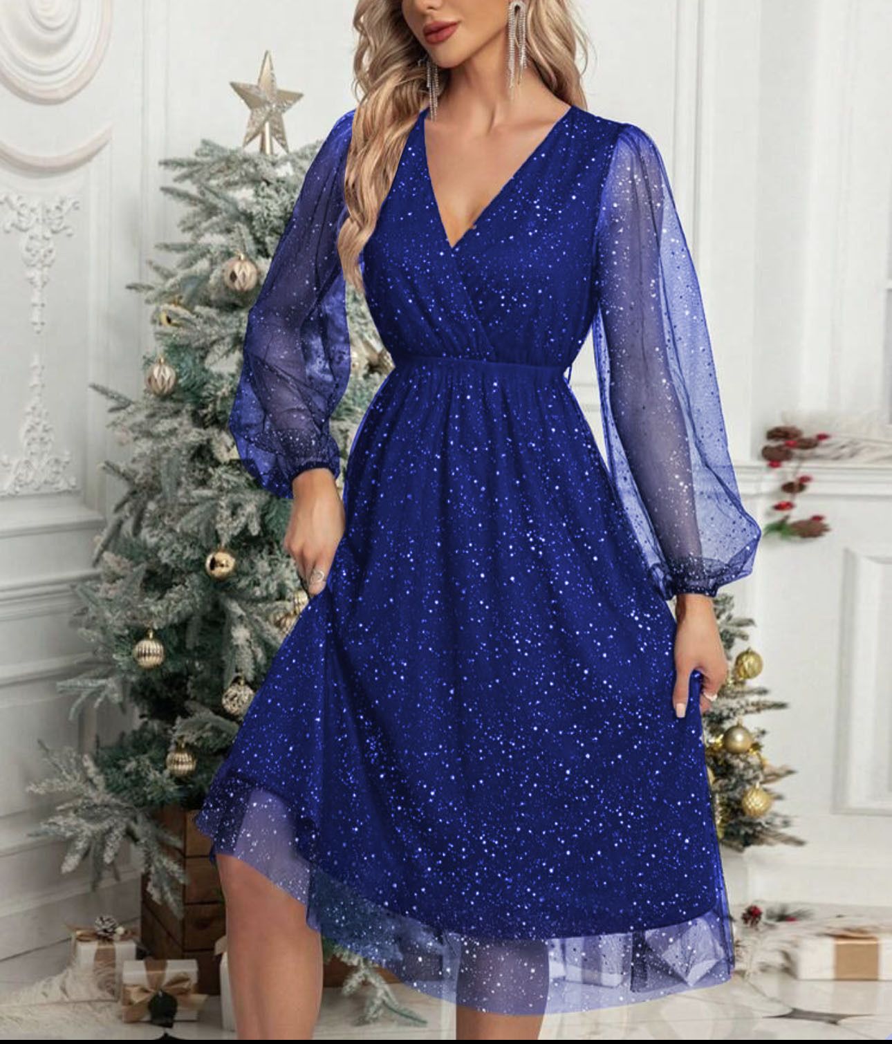 V-Neck Elegant Slim Solid Color Spliced Mesh See-Through Powder Dress