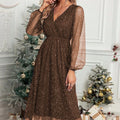 V-Neck Elegant Slim Solid Color Spliced Mesh See-Through Powder Dress