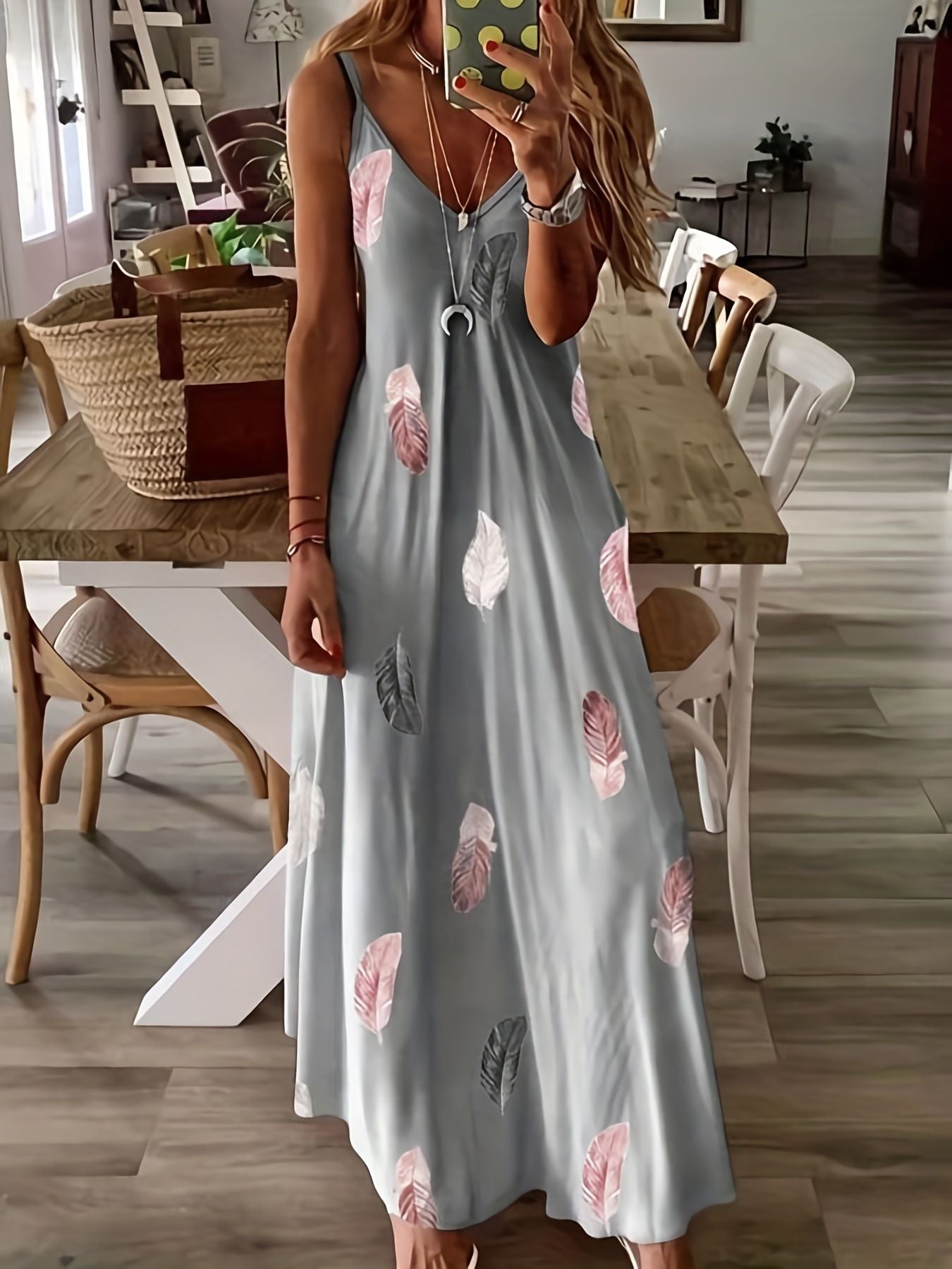 Print Low-Cut V-Neck Suspender Large Swing Skirt Women'S Dress