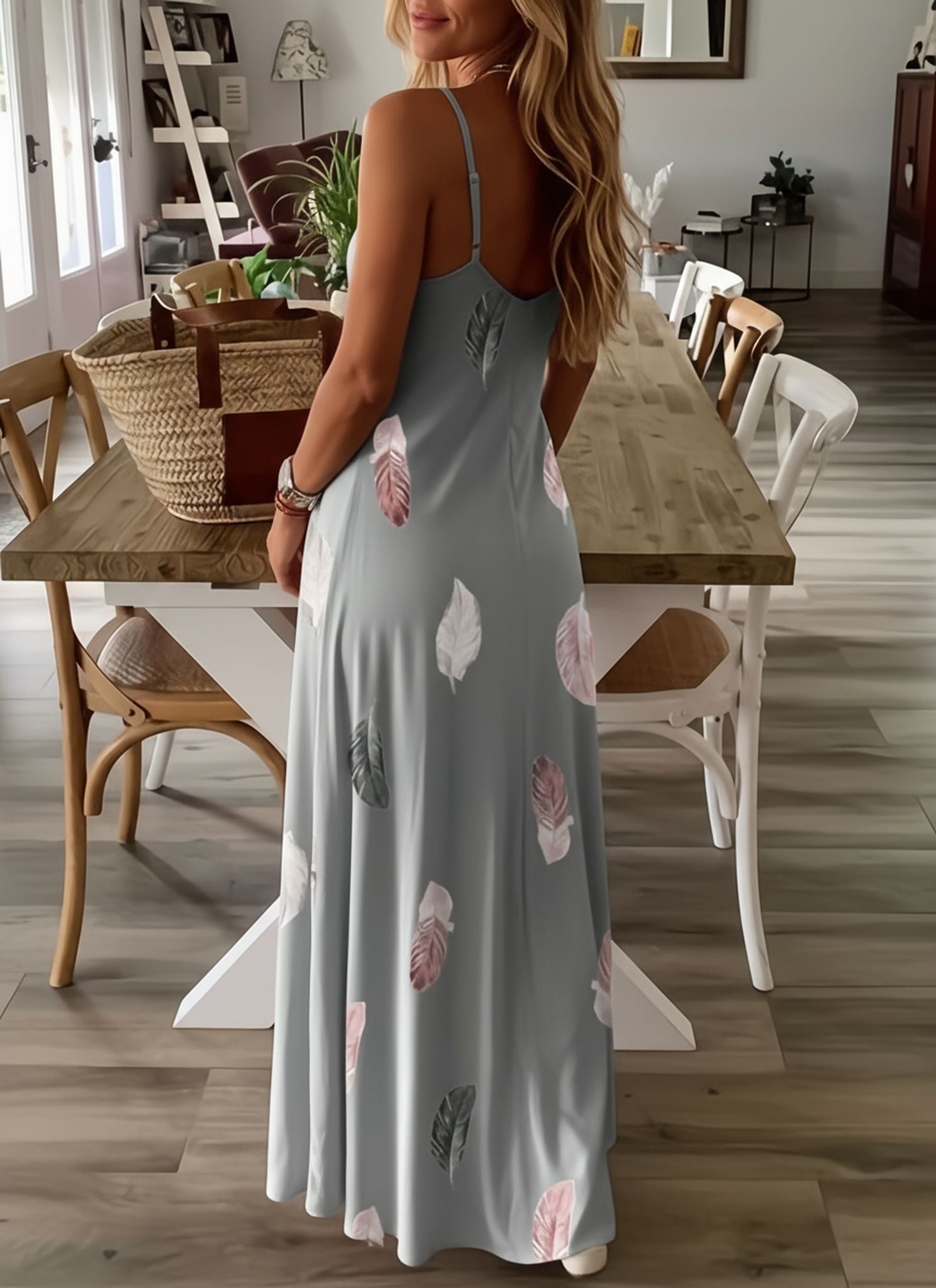 Print Low-Cut V-Neck Suspender Large Swing Skirt Women'S Dress