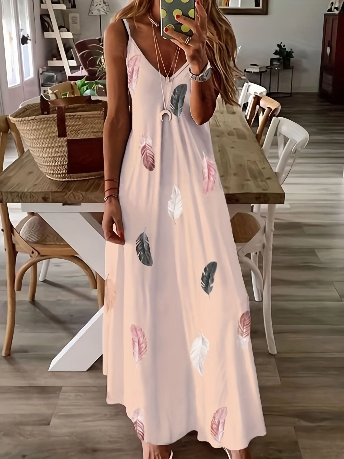 Print Low-Cut V-Neck Suspender Large Swing Skirt Women'S Dress
