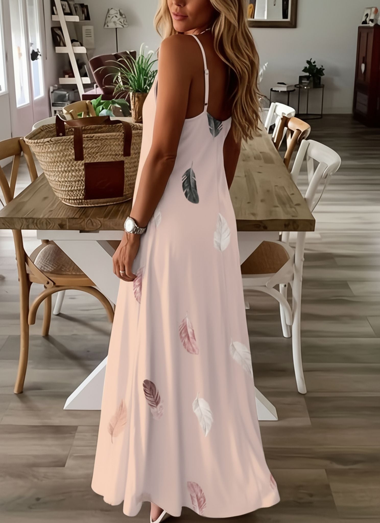 Print Low-Cut V-Neck Suspender Large Swing Skirt Women'S Dress