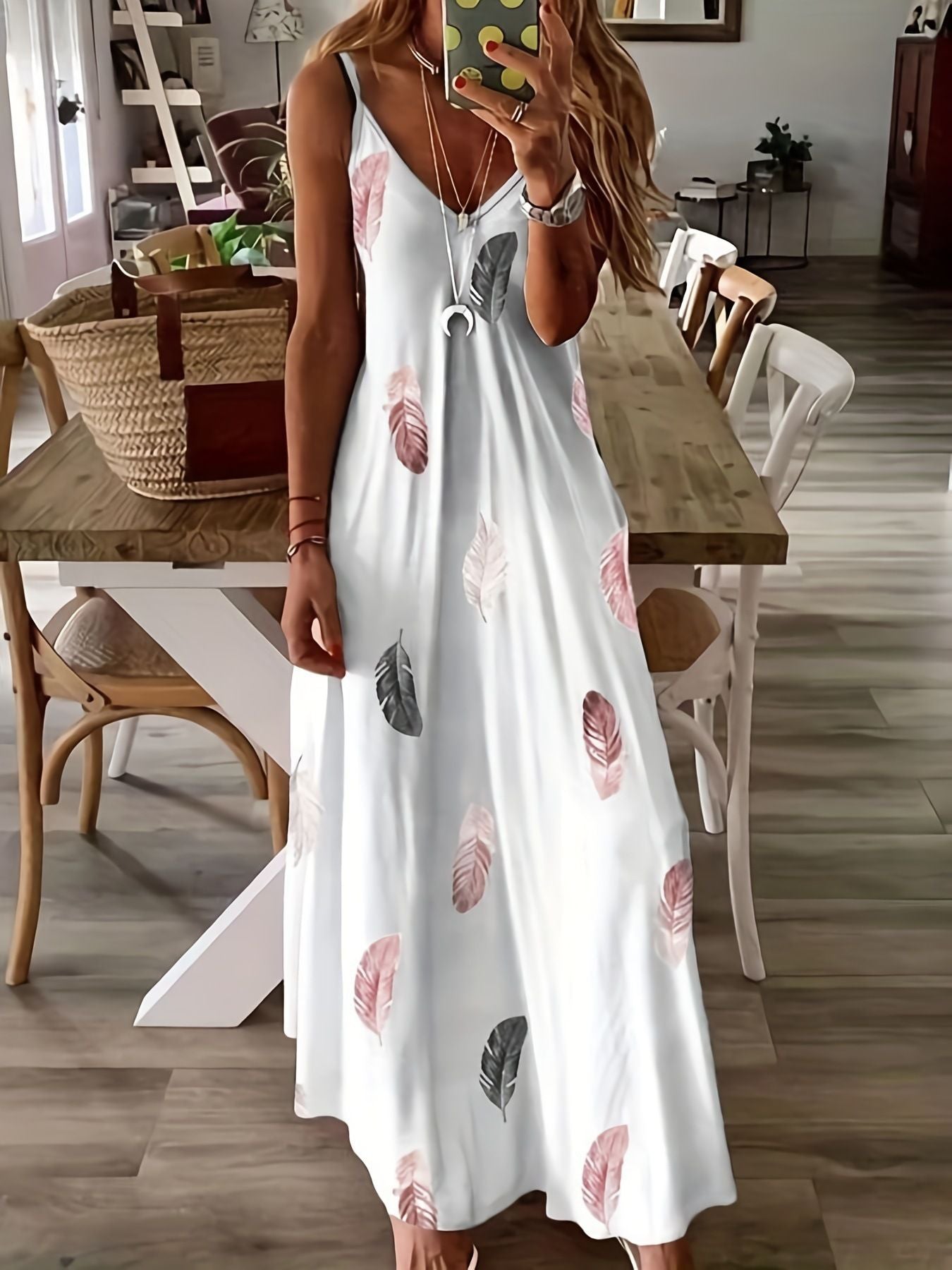 Print Low-Cut V-Neck Suspender Large Swing Skirt Women'S Dress