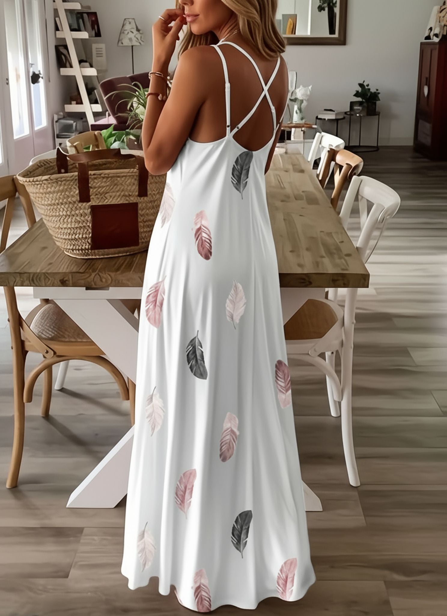 Print Low-Cut V-Neck Suspender Large Swing Skirt Women'S Dress
