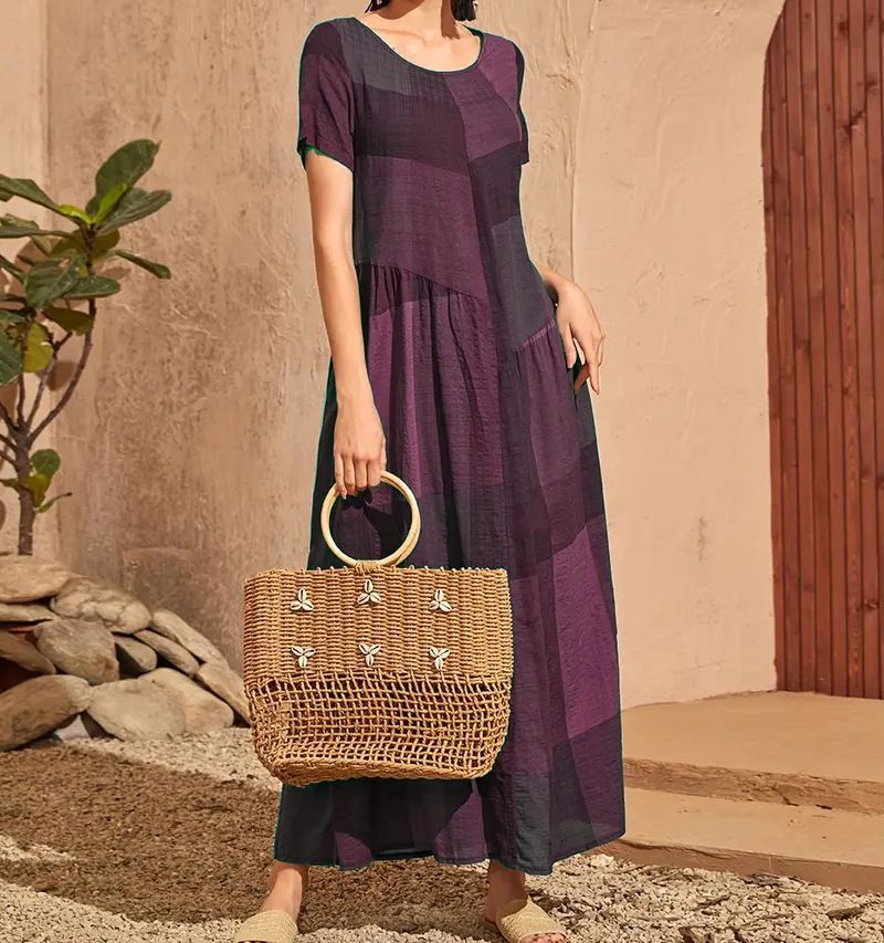 New Retro Loose Waist Pocket Long Skirt Casual Plaid Print Spliced Women'S Dress