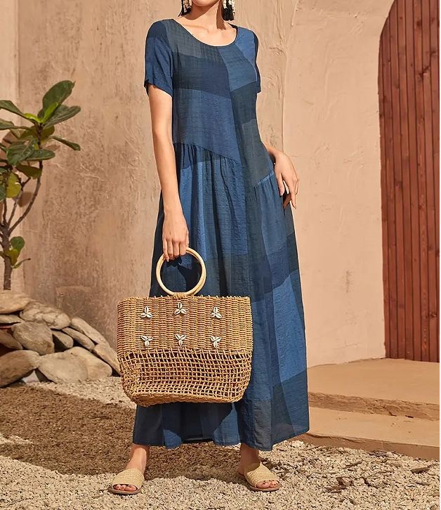 New Retro Loose Waist Pocket Long Skirt Casual Plaid Print Spliced Women'S Dress