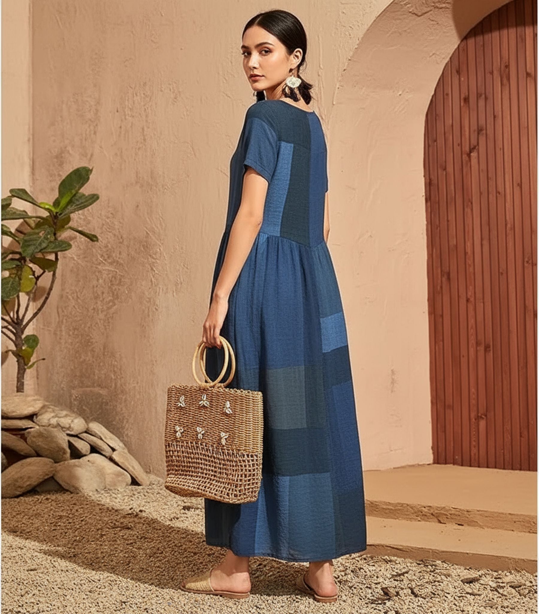 New Retro Loose Waist Pocket Long Skirt Casual Plaid Print Spliced Women'S Dress