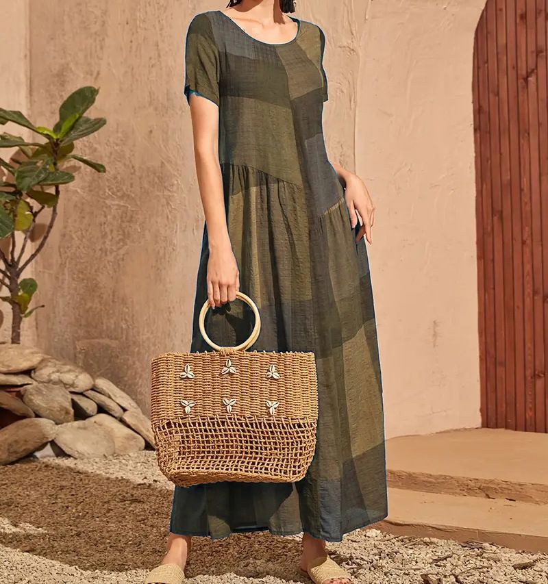New Retro Loose Waist Pocket Long Skirt Casual Plaid Print Spliced Women'S Dress