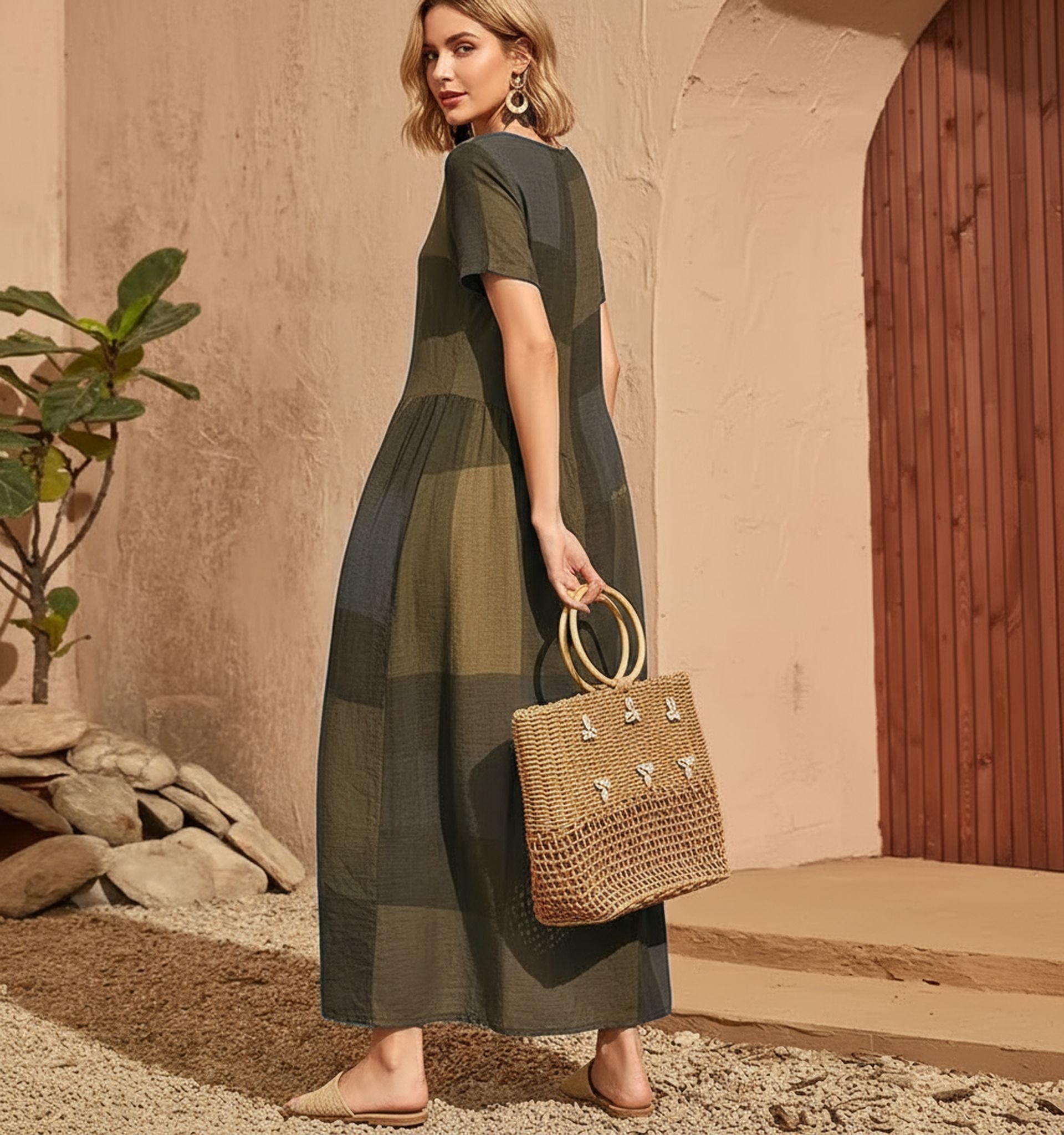 New Retro Loose Waist Pocket Long Skirt Casual Plaid Print Spliced Women'S Dress