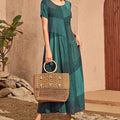 New Retro Loose Waist Pocket Long Skirt Casual Plaid Print Spliced Women'S Dress