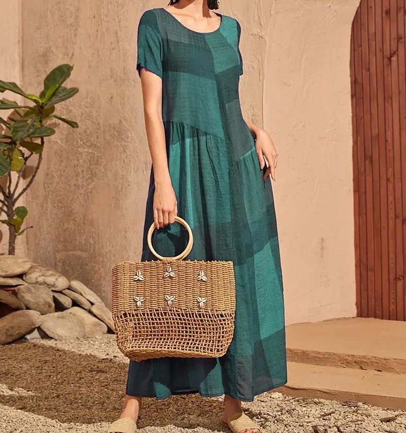 New Retro Loose Waist Pocket Long Skirt Casual Plaid Print Spliced Women'S Dress