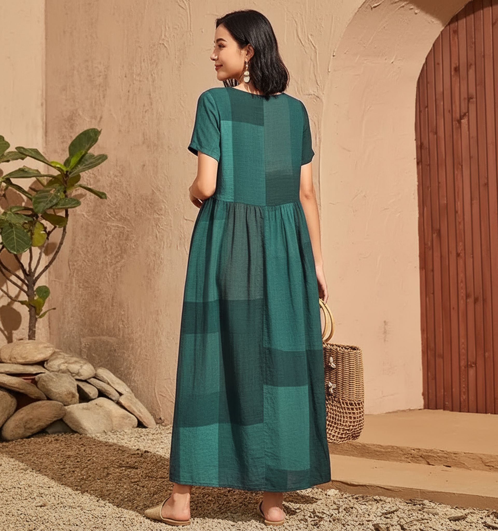 New Retro Loose Waist Pocket Long Skirt Casual Plaid Print Spliced Women'S Dress