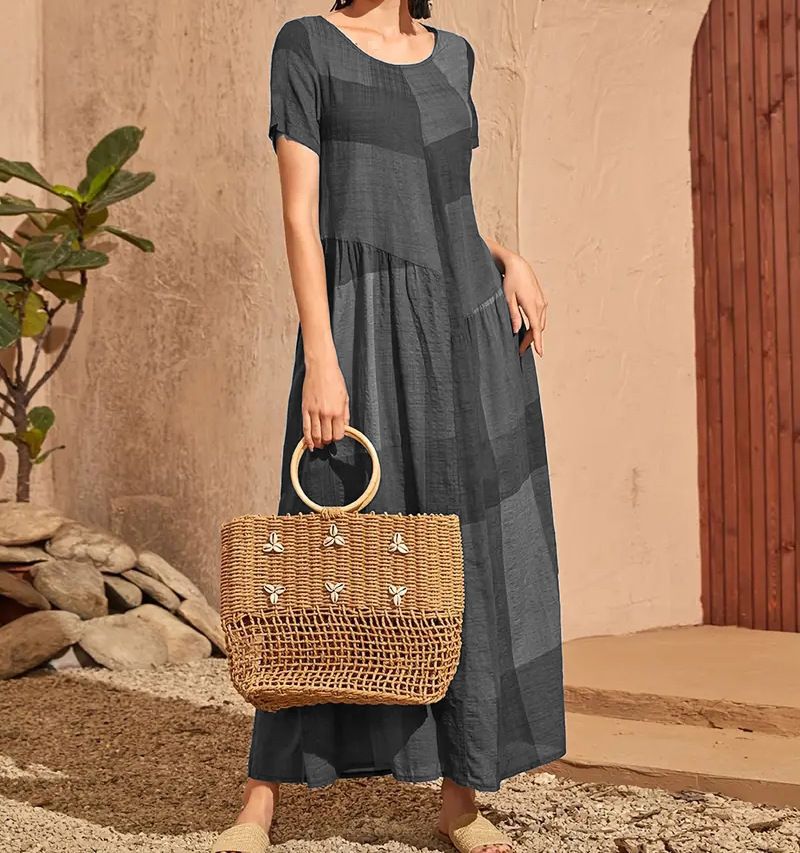 New Retro Loose Waist Pocket Long Skirt Casual Plaid Print Spliced Women'S Dress