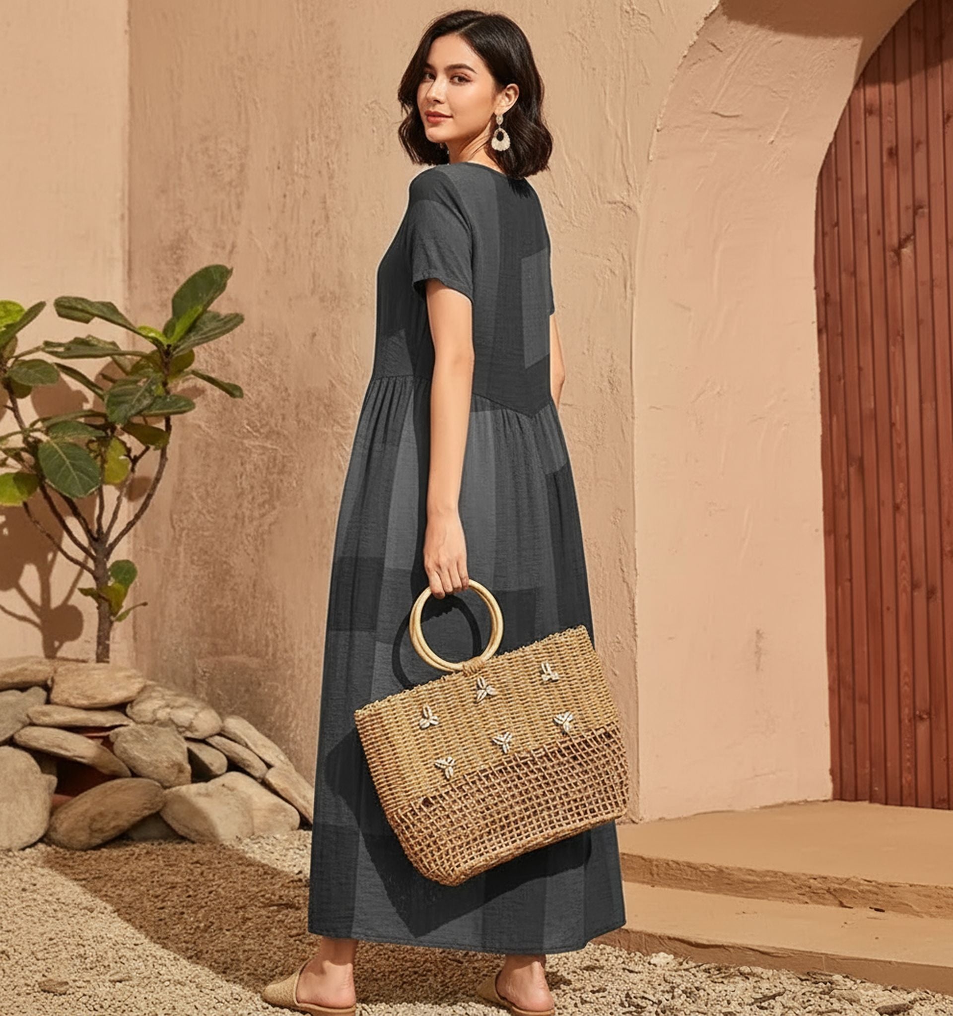 New Retro Loose Waist Pocket Long Skirt Casual Plaid Print Spliced Women'S Dress