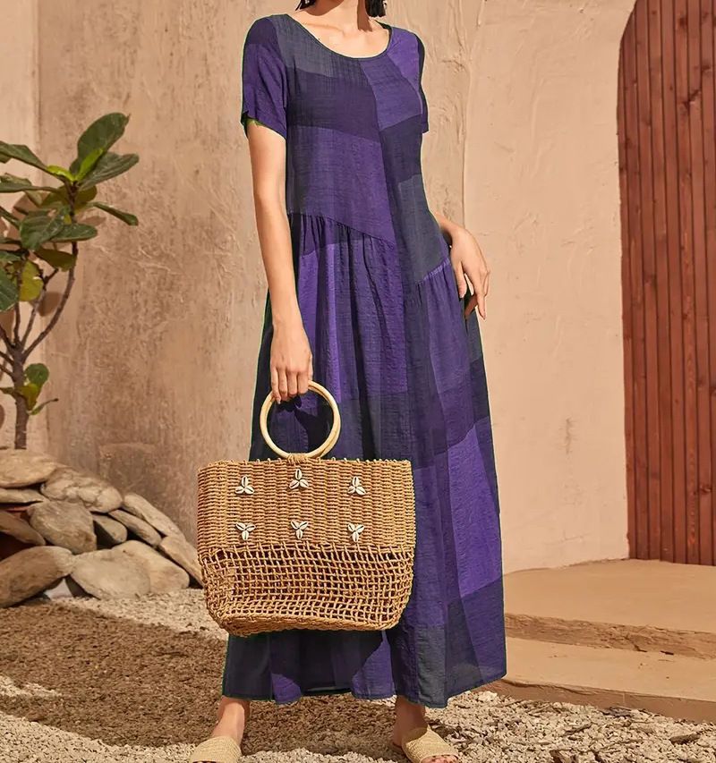 New Retro Loose Waist Pocket Long Skirt Casual Plaid Print Spliced Women'S Dress