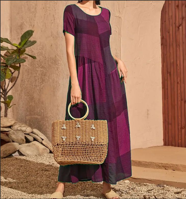 New Retro Loose Waist Pocket Long Skirt Casual Plaid Print Spliced Women'S Dress