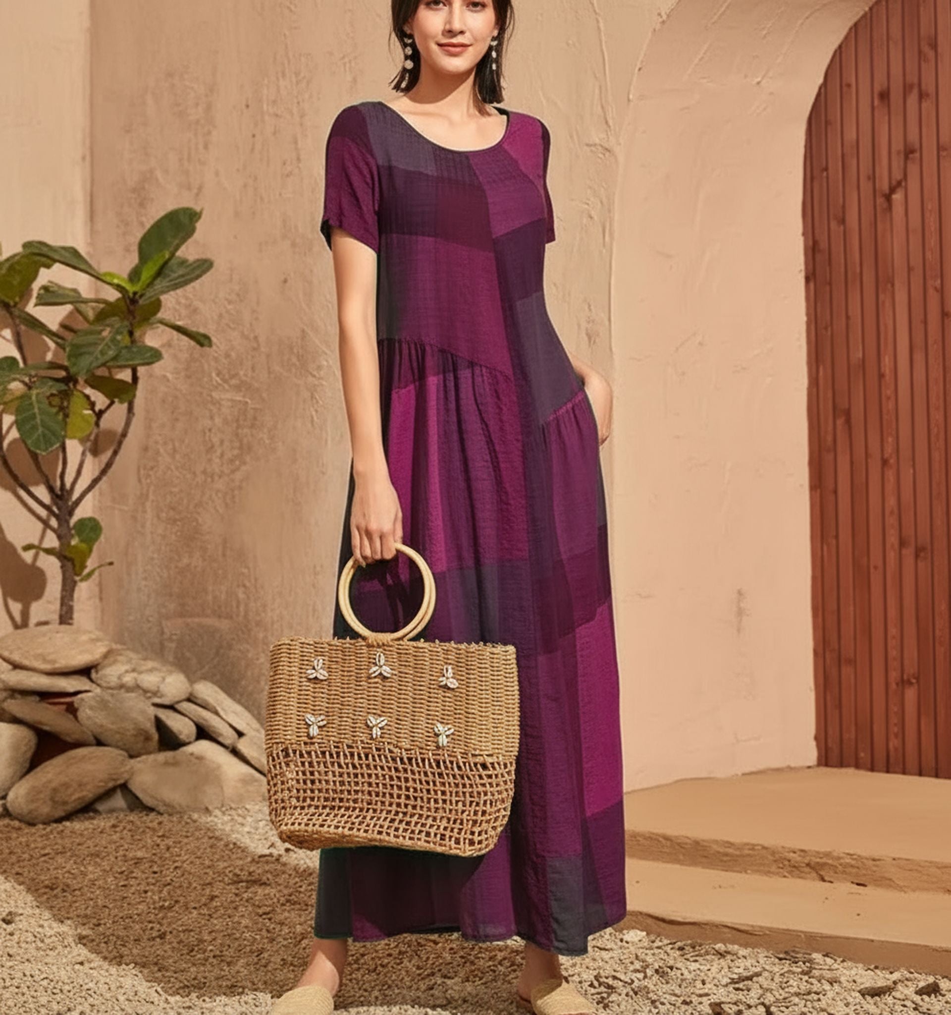 New Retro Loose Waist Pocket Long Skirt Casual Plaid Print Spliced Women'S Dress
